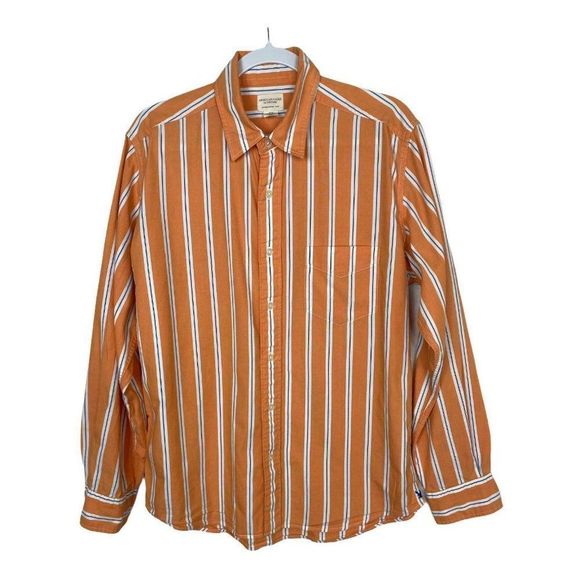 American Eagle Outfitters Button Down Shirt Men Medium Orange Long Sleeve Stripe - Picture 1 of 11